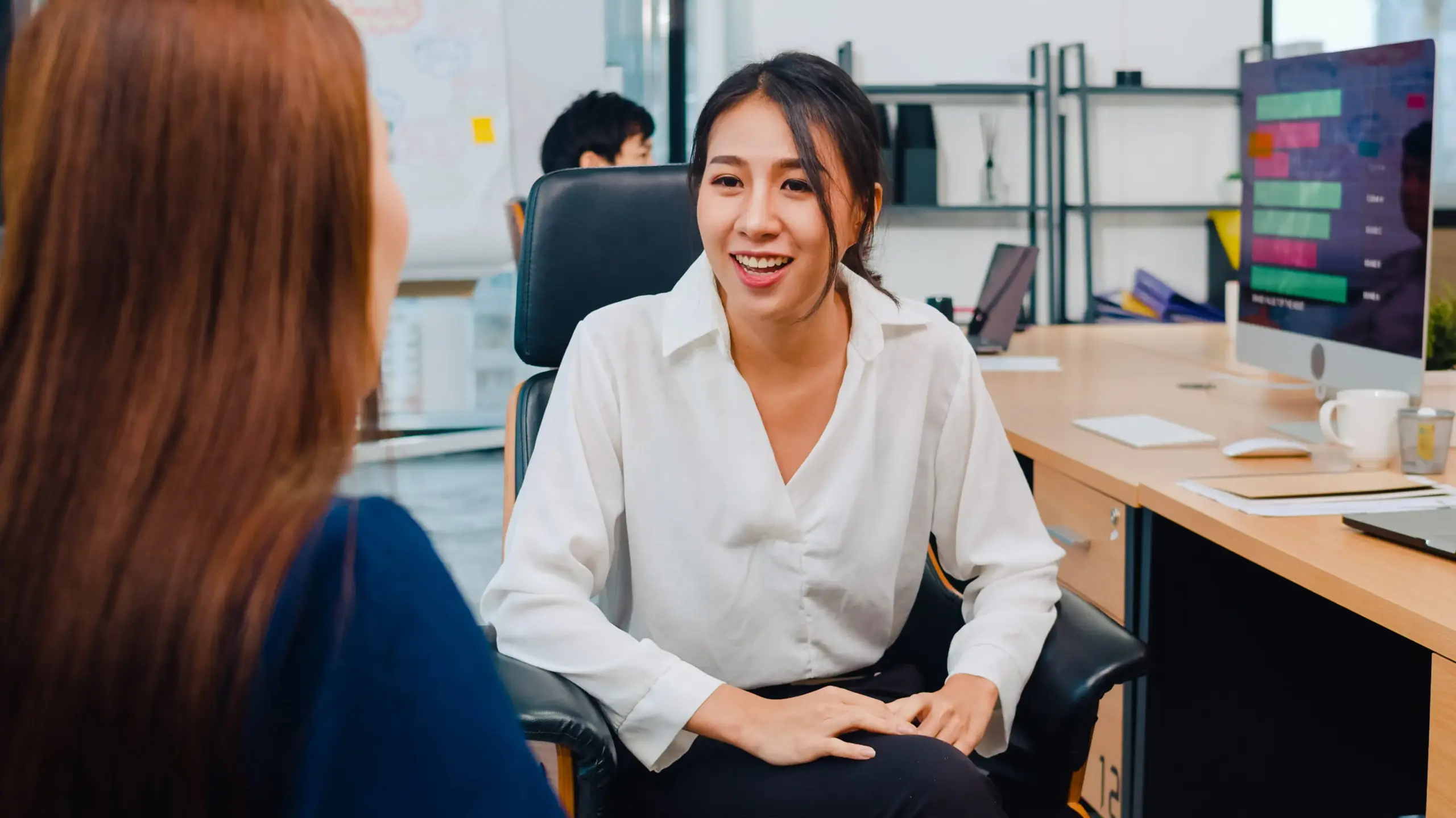 asia businesspeople chatting intern discussing job interview colleagues having conversation communication meeting brainstorming ideas about project working plan success strategy office (1)