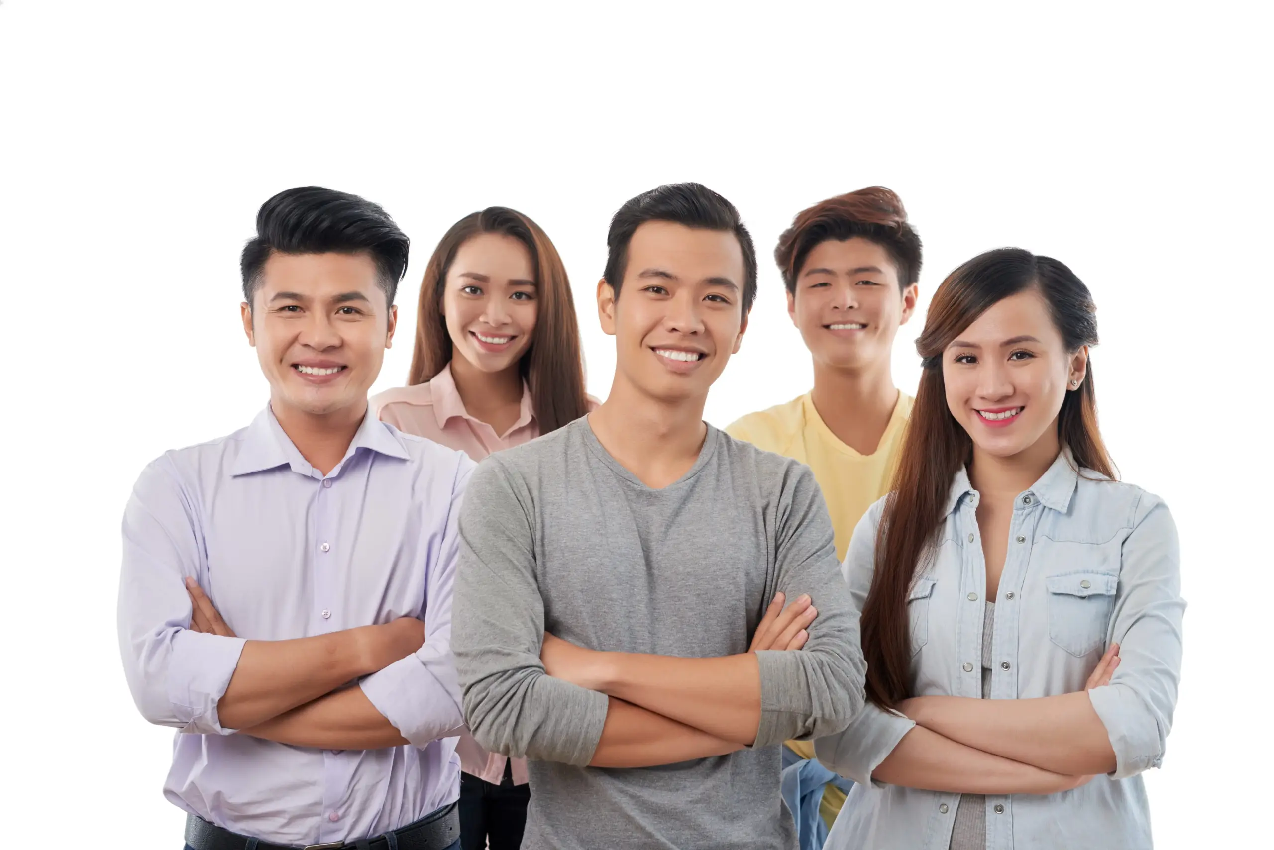 group cheerful young casually dressed men women posing (1)