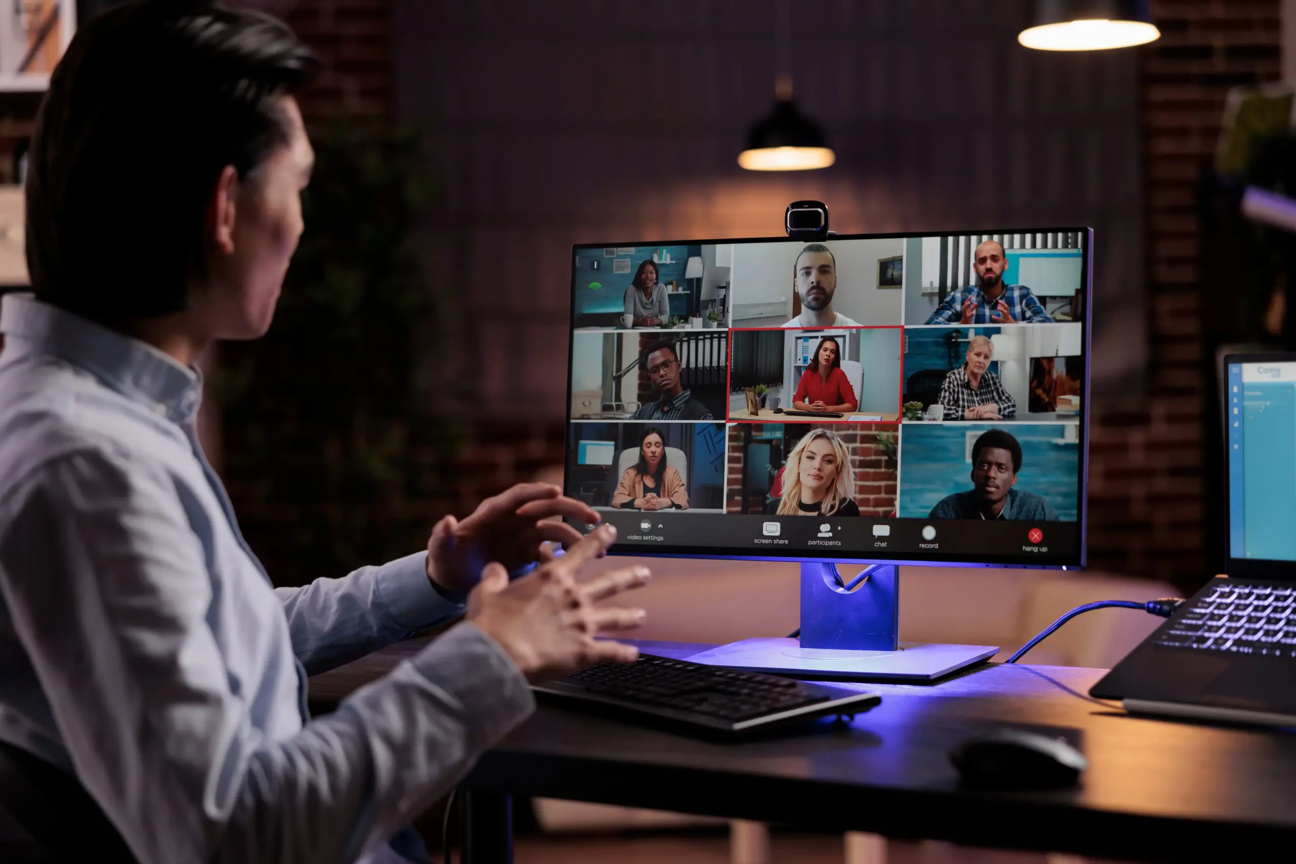 office worker using videocall conference meet with business people webcam talking colleagues remote videoconference having internet conversation teleconference call (1)
