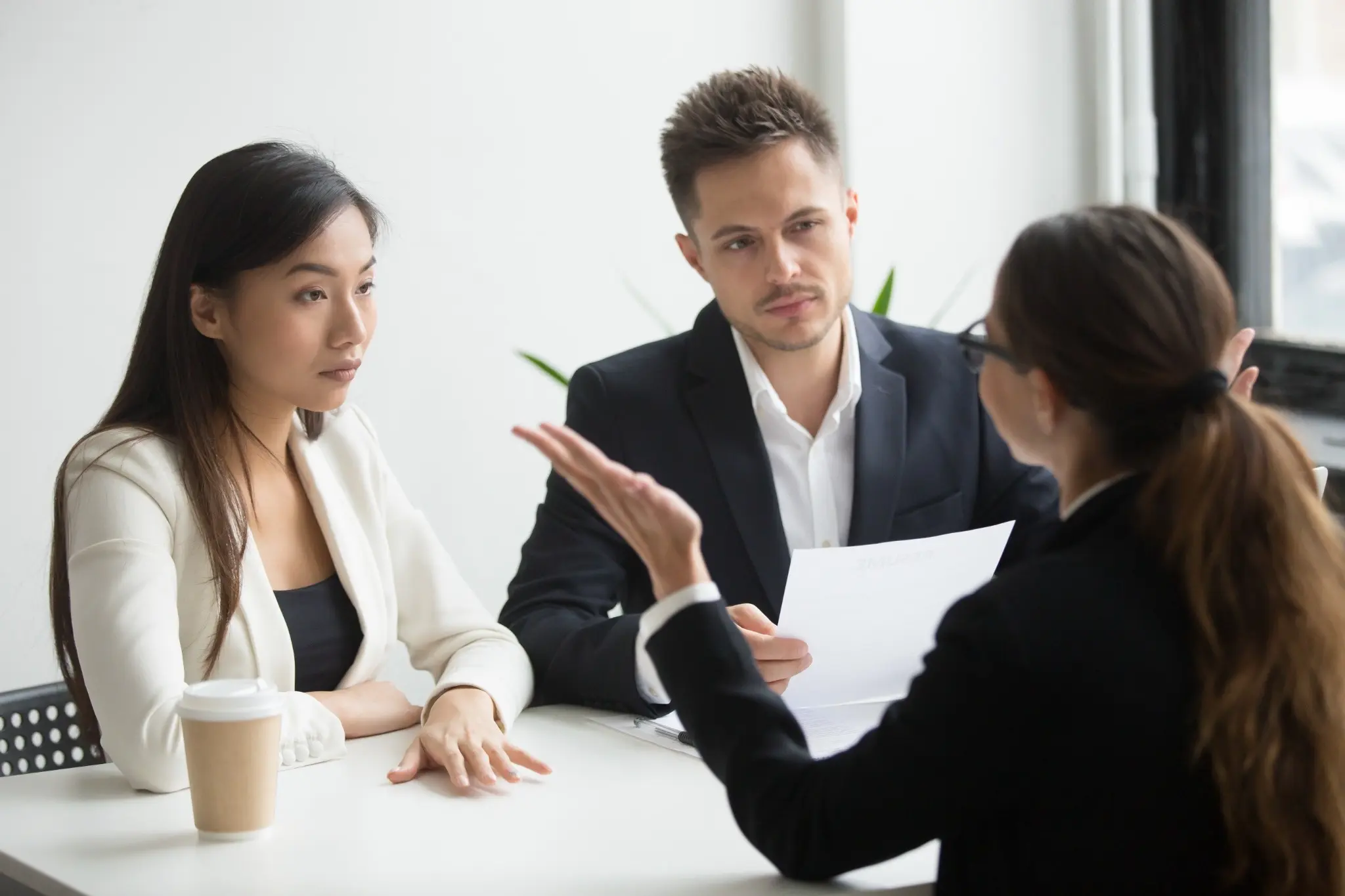 skeptical diverse hr managers interviewing female applicant bad first impression max 1mb