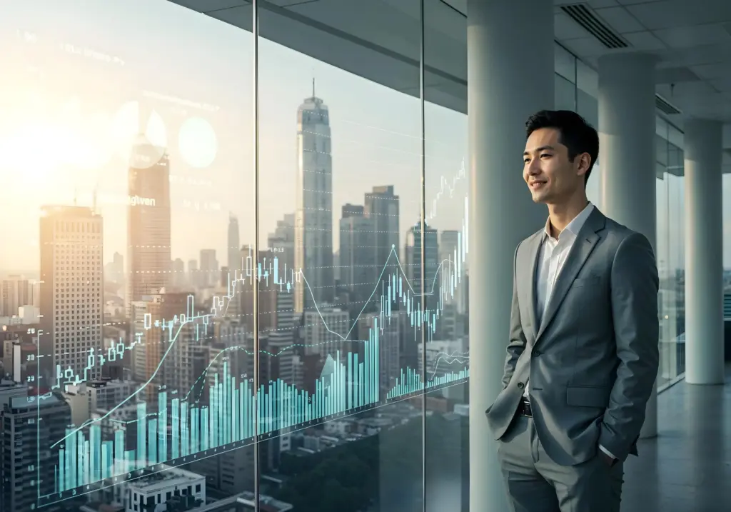 successful businessman overlooking city skyline with stock charts (1)