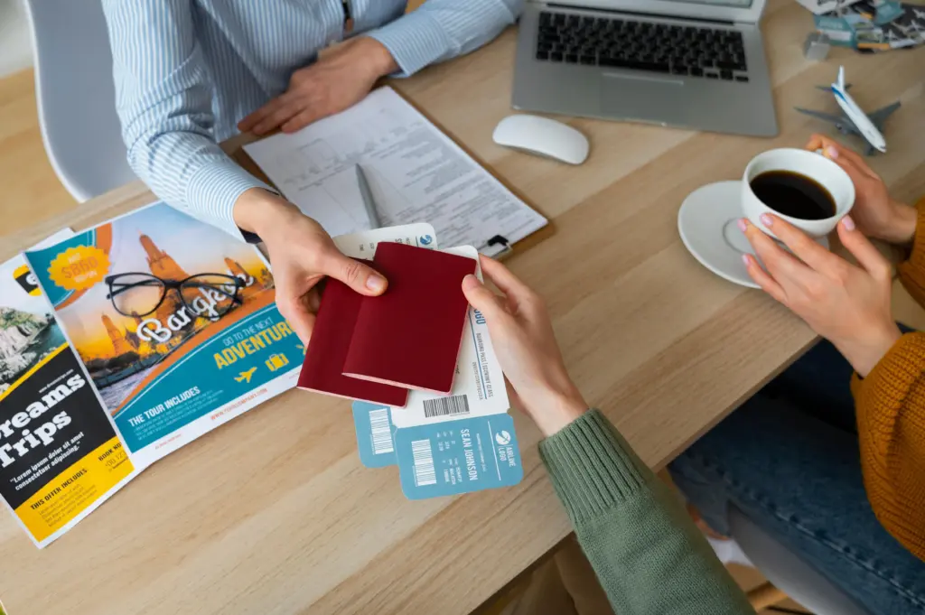 high angle woman working as travel agent (1)