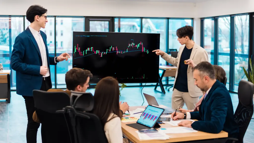 two young worker leading business meeting about cryptocurrencies office (1)